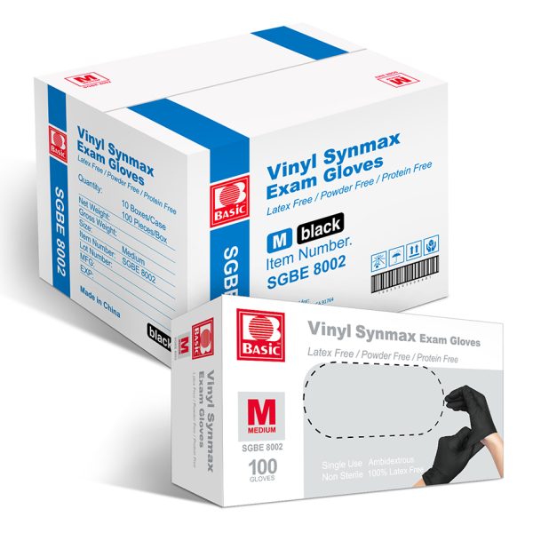 Basic Black Vinyl Exam Glove, Disposable Medical Gloves, Case of 1000 pcs (Medium)