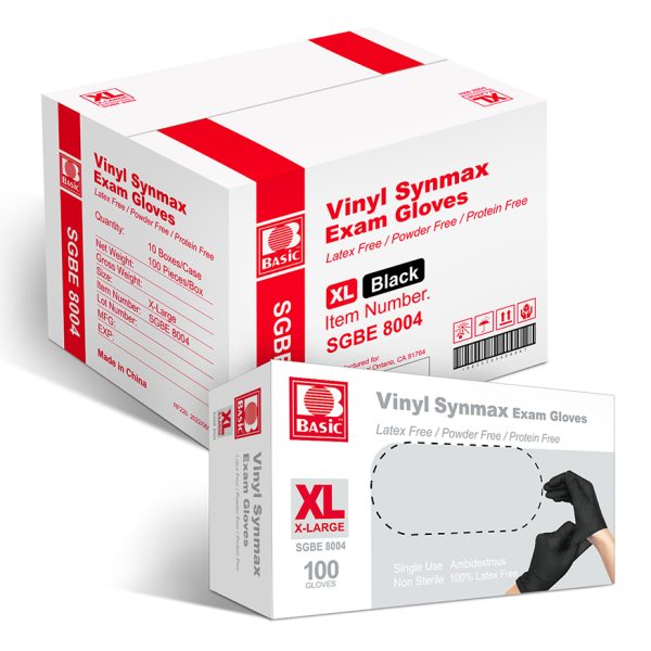 Basic Black Vinyl Exam Glove, Disposable Medical Gloves, Case of 1000 pcs (X-Large)