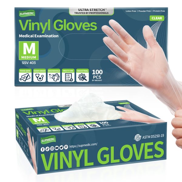 Supmedic Ultra Stretch Clear Vinyl Exam Glove, Disposable Medical Gloves, Box of 100 pcs (Medium)