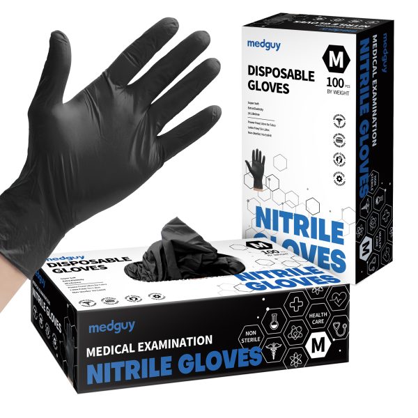 Medguy Black Nitrile Exam Glove, Disposable Medical Gloves, Box of 100 pcs (Medium)