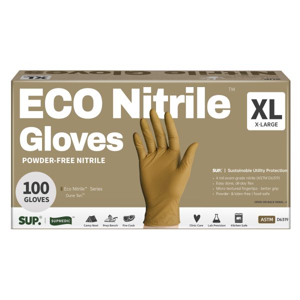 Sup. ECO Nitrile™ Examination Gloves, Powder Free Medical Disposable Gloves, Dune Tan, Box of 100 pcs