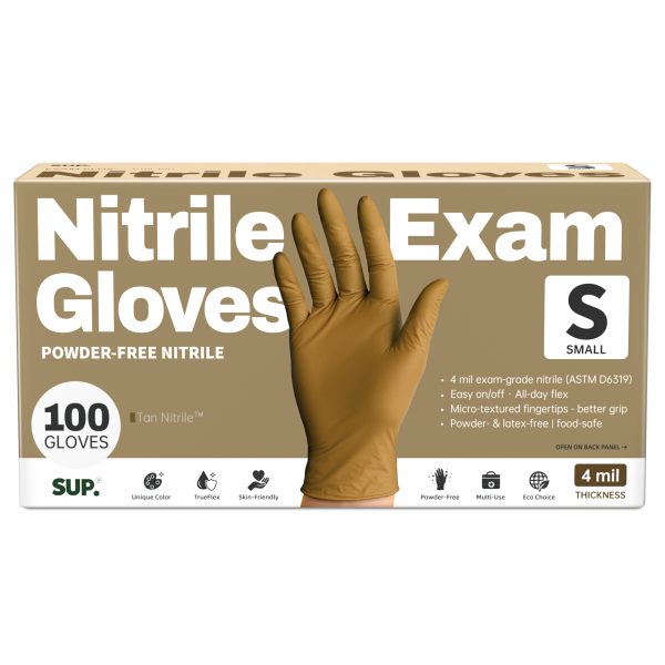 SUP® Tan Nitrile™ Examination Nitrile Gloves, Powder Free Medical Disposable Gloves, Trail Tan, Box of 100 pcs