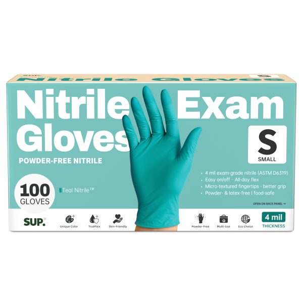 SUP® Teal Nitrile™ Examination Nitrile Gloves, Powder Free Medical Disposable Gloves, Teal, Box of 100 pcs