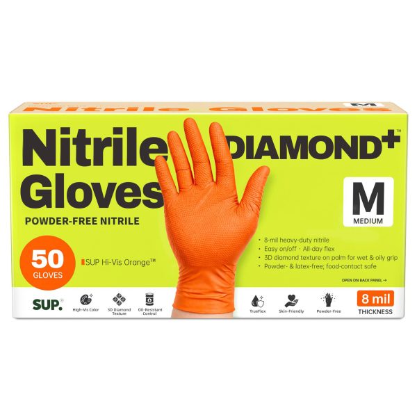 SUP Hi-Vis Orange™ Disposable Nitrile Gloves, 8 Mil Heavy Duty Powder Free Food Safe Industrial Household Protective Gloves, Box of 100 pcs