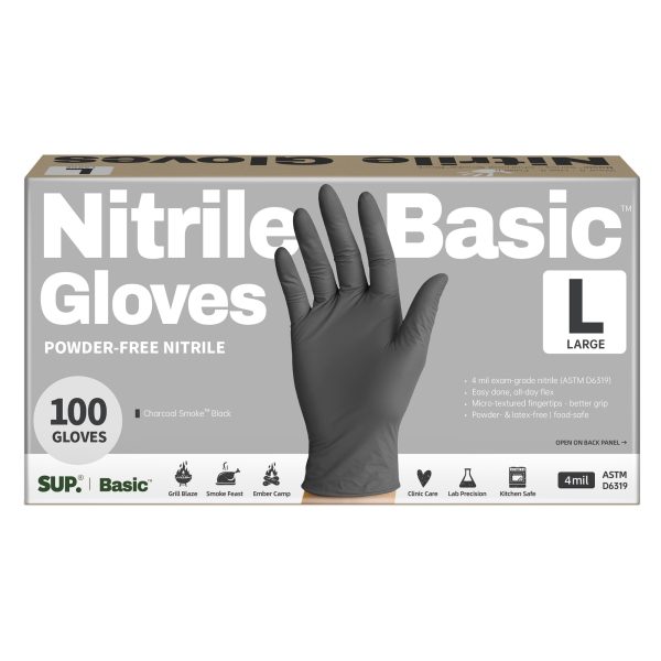Basic™ Nitrile Exam Gloves, Powder Free Food Safe Cooking Cleaning Protective Medical Gloves, Black, 100 pcs