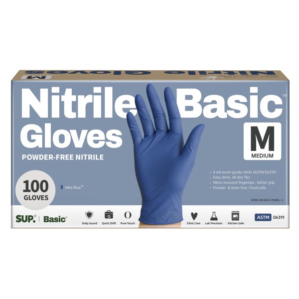 Basic™ Nitrile Exam Gloves,  Powder Free Food Safe Cooking Cleaning Protective Medical Gloves, Med Blue, 100 pcs