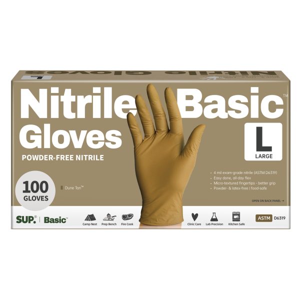 Basic™ Nitrile Exam Gloves,  Powder Free Food Safe Cooking Cleaning Protective Medical Gloves, Trail Tan, 100 pcs